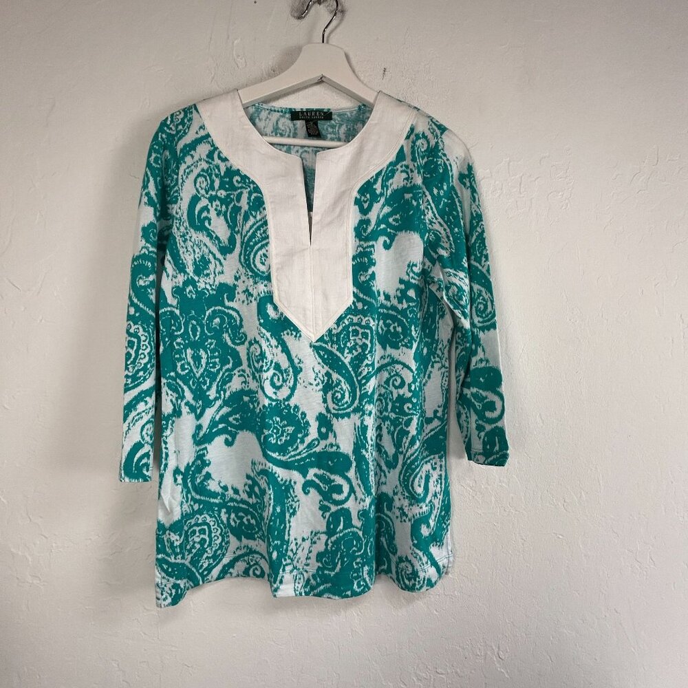 Lauren Ralph Lauren Womens Paisley V-Neck Tunic Top Medium Turquoise New $64